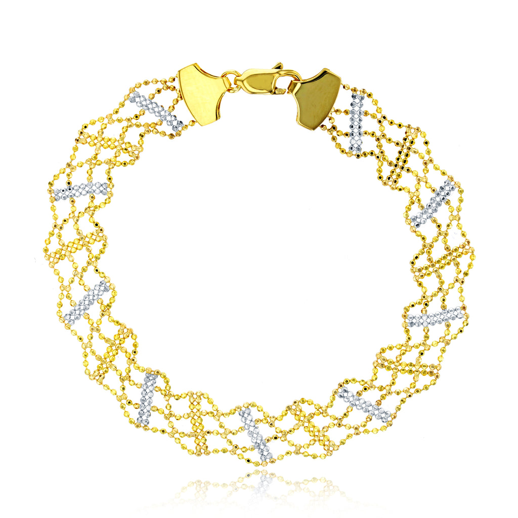 Diamond Cut Beaded Bracelet Real 14K Yellow White Gold - besenn