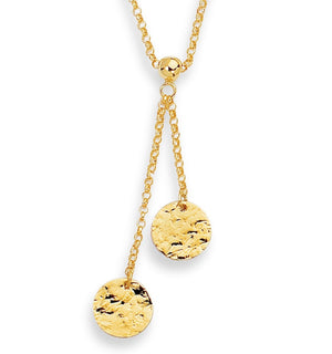 Double Hammered Round Disc Lariat Necklace Real 14K Yellow Gold