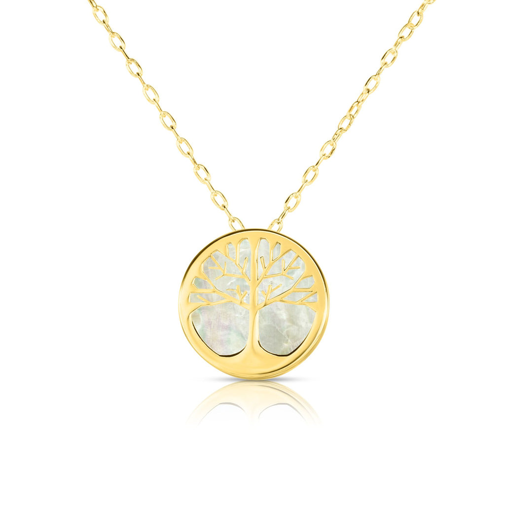 Tree of Life Mother of Pearl Necklace Real 14K Yellow Gold - besenn