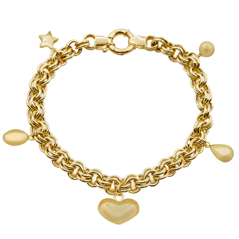 Shiny Oval Rolo Charm Heart Star Ball Drop Bracelet Real 14K Yellow Gold