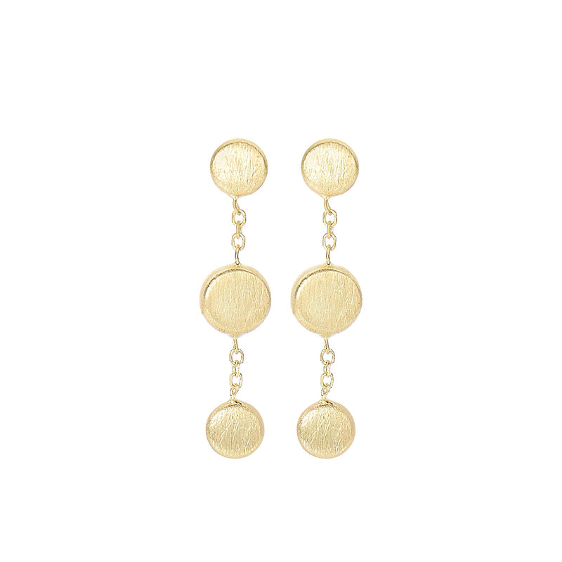 Pebble Drop 3-Button Satin Dangle Earrings Real 14K Yellow Gold - besenn