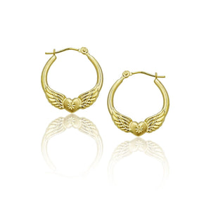 Angel Wing Diamond Cut Heart Hoop Earrings Polished Shiny Real 14K Yellow Gold - besenn
