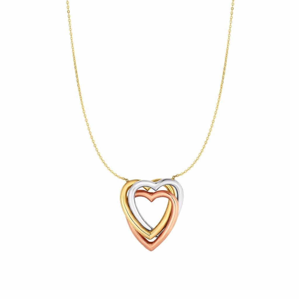 Interlocked Heart Charm Tricolor Pendant Necklace Real 10K Tricolor Gold 17" - besenn