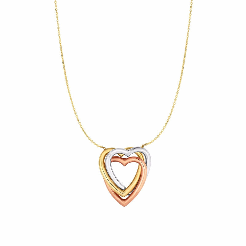 Interlocked Heart Charm Tricolor Pendant Necklace Real 10K Tricolor Gold 17