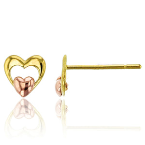 Italian Double Heart Stud Earrings Real 14K Yellow Rose Gold - besenn