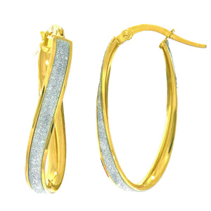 Twisted Wavy Oval Glitter Hoop Earrings Real 14K Yellow Gold - besenn