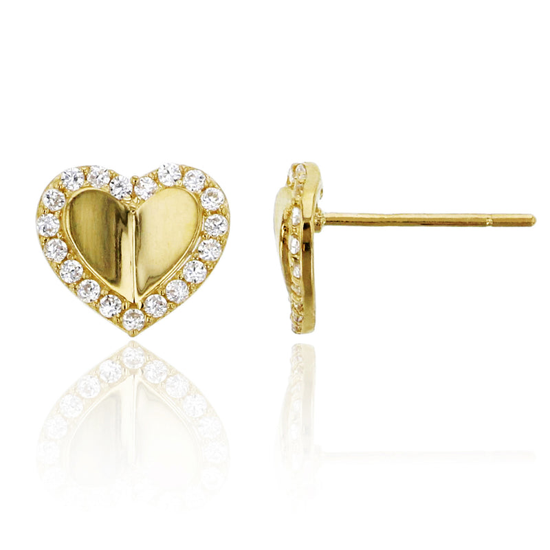 Italian Heart CZ Stud Earrings Real 14K Yellow Gold - besenn