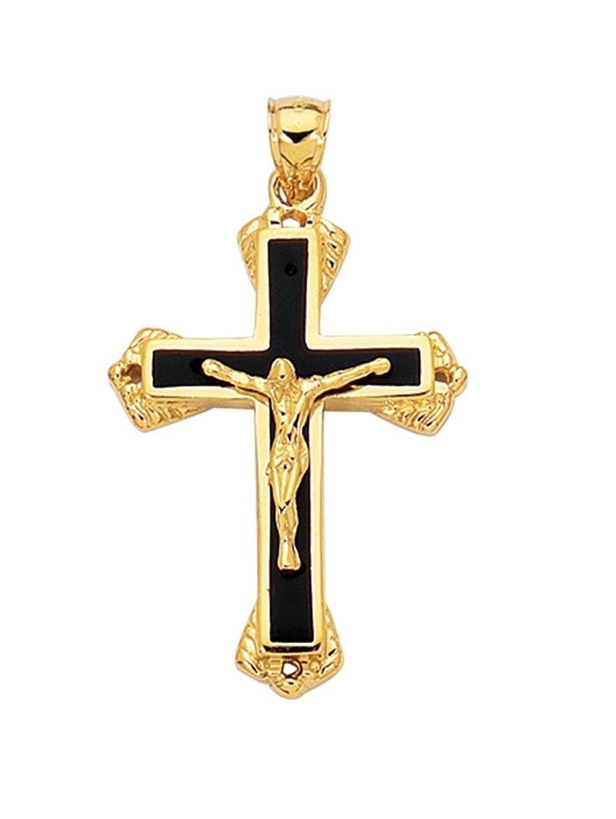 1 3/4" Onyx Black Enamel Crucifix Cross Pendant Charm Real 14K Yellow Gold