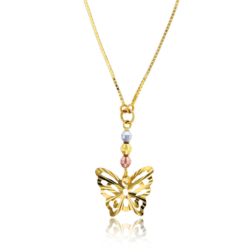 Diamond Cut Bead & Butterfly Necklace Real 14K Tricolor Gold