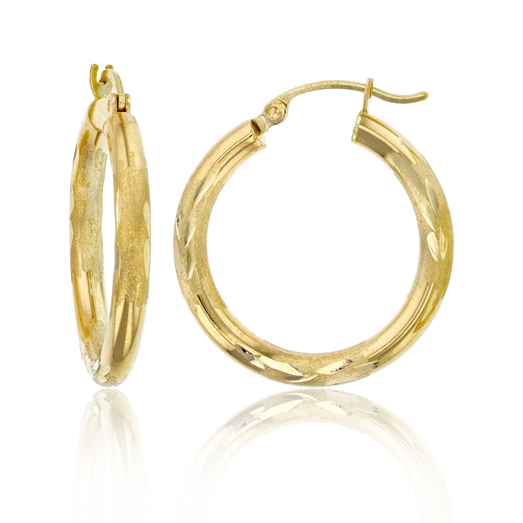 1" 25mm X 3mm Diamond Cut Polished Shiny Hoop Earrings REAL 14K Yellow Gold - besenn