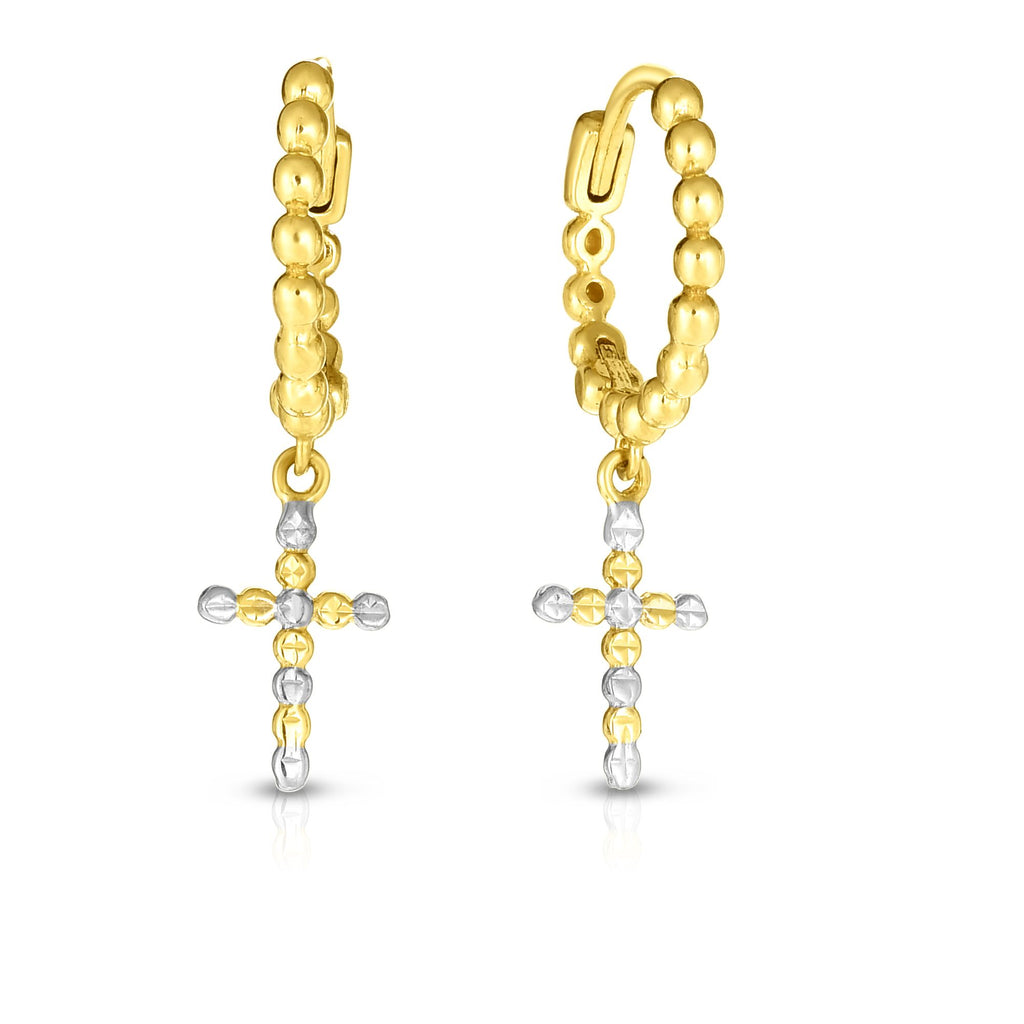 Beaded Cross Dangle Endless Earrings Real 14kt Two-Tone Gold - besenn