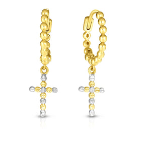 Beaded Cross Dangle Endless Earrings Real 14kt Two-Tone Gold - besenn