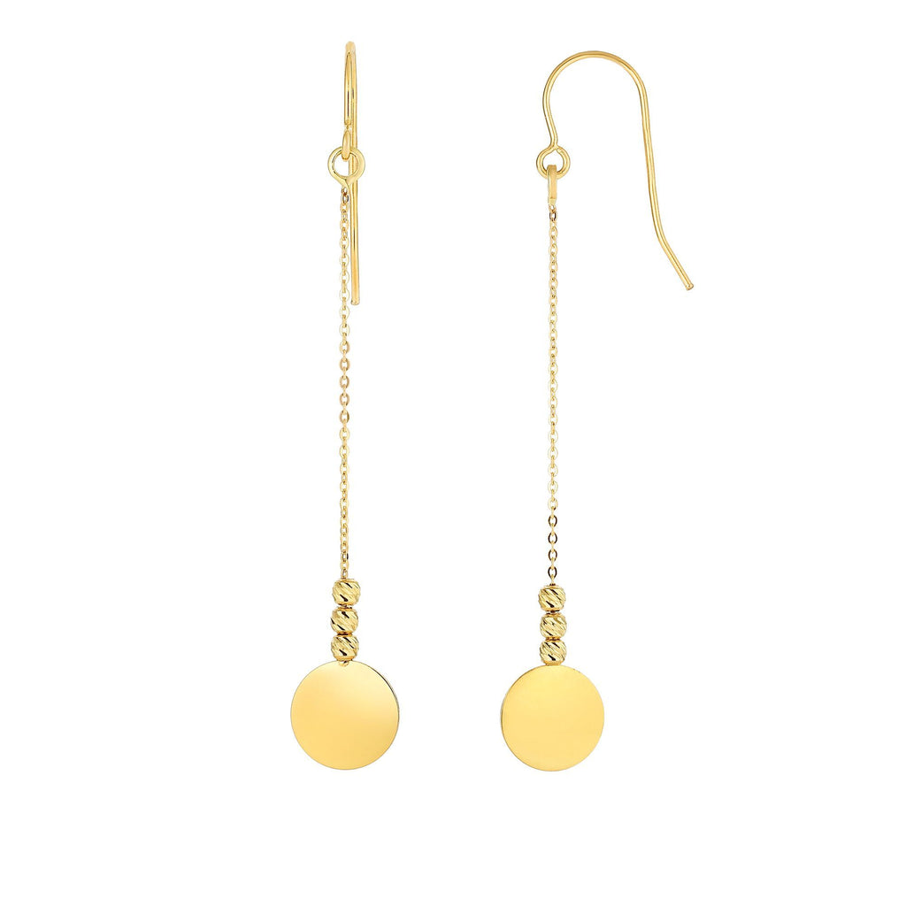 2" Flat Disc Bead Drop Earrings Real 14kt Yellow Gold - besenn