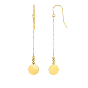 2" Flat Disc Bead Drop Earrings Real 14kt Yellow Gold - besenn