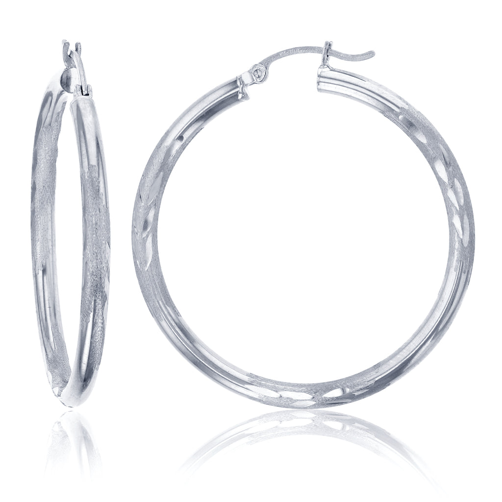 3mm X 40mm 1 1/2" Large Diamond Cut Round Hoop Earrings REAL 14K White Gold - besenn