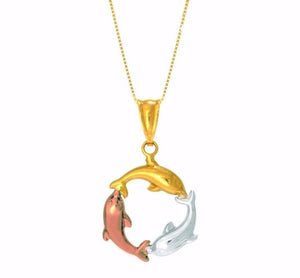 Circle Dolphin Tricolor Pendant Box Necklace Real 14K Rose Yellow White Gold 18" - besenn