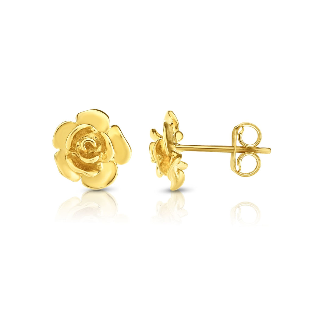 Shiny Rose Flower Bud Stud Earrings Real 14K Yellow Gold