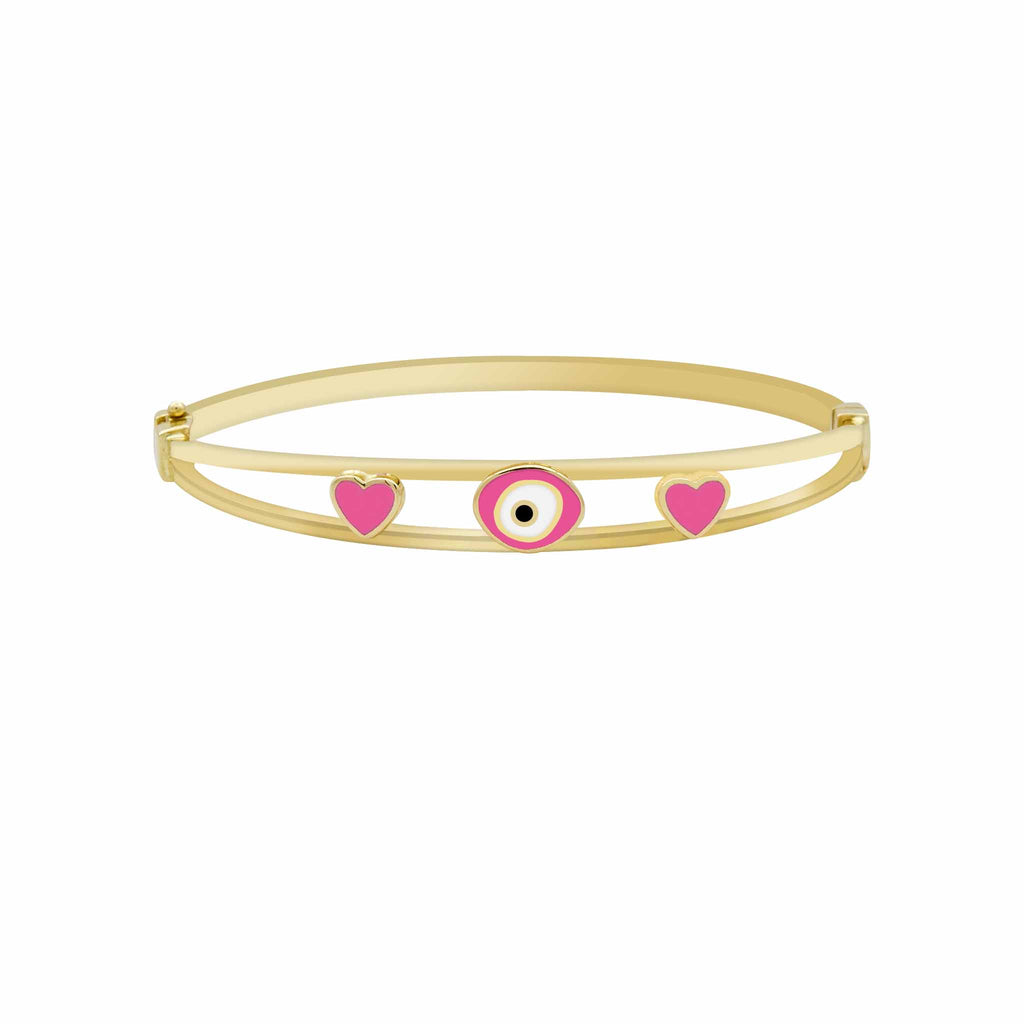 Child's Pink Evil Eye Heart Bangle Real 14K Yellow Gold - besenn