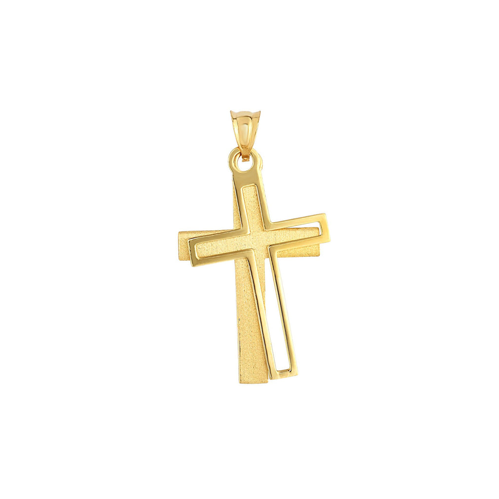 1 1/4" Double Cross Satin & Shiny Pendant Real 14K Yellow Gold - besenn