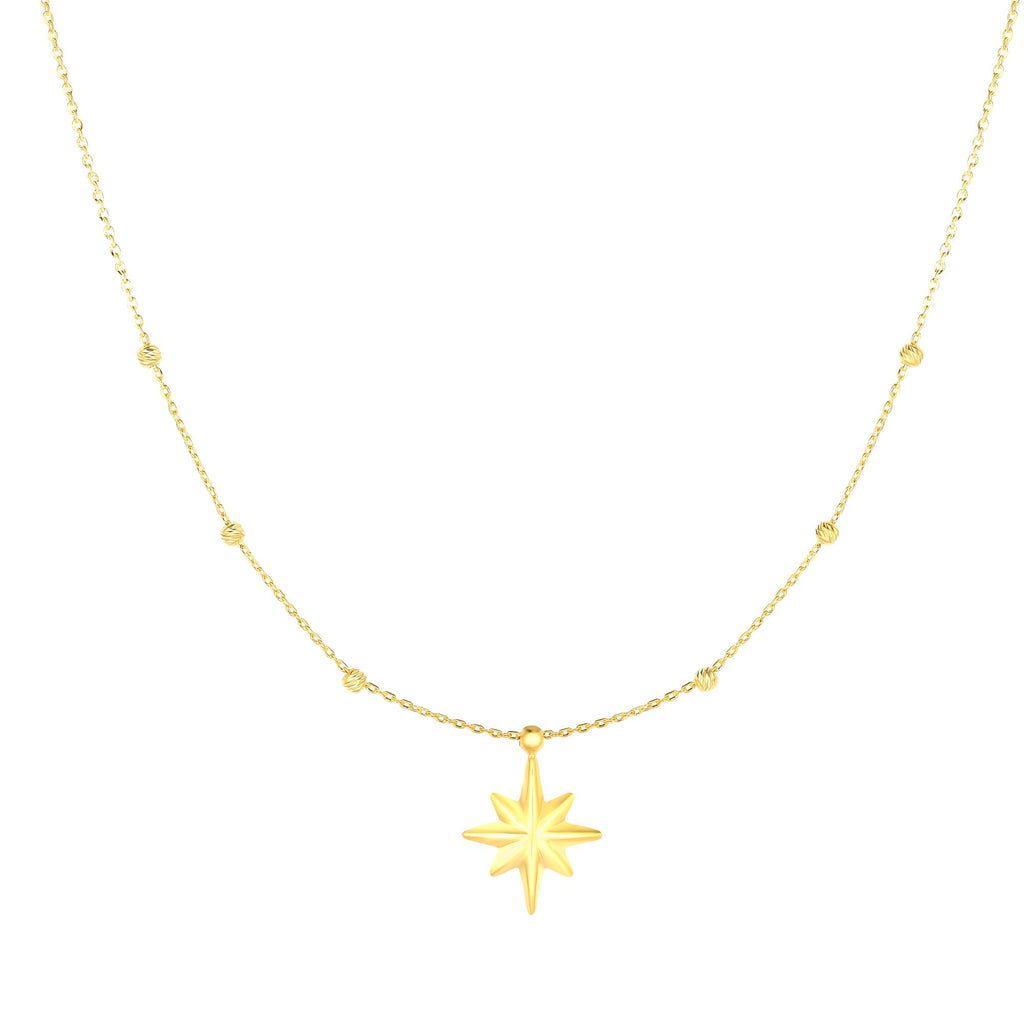 Star Bead Ball Shiny Necklace Real 14K Yellow Gold