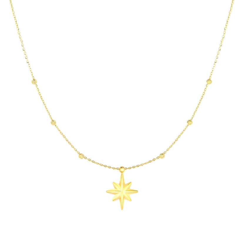 Star Bead Ball Shiny Necklace Real 14K Yellow Gold