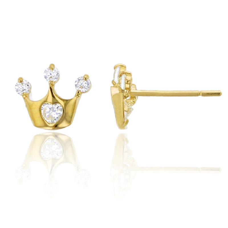 Italian Round & Heart Cut CZ Crown Stud Earrings Real 14K Yellow Gold - besenn