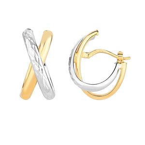 X Design Diamond Cut Half Hoop Earrings Real 14K Yellow White Gold - besenn