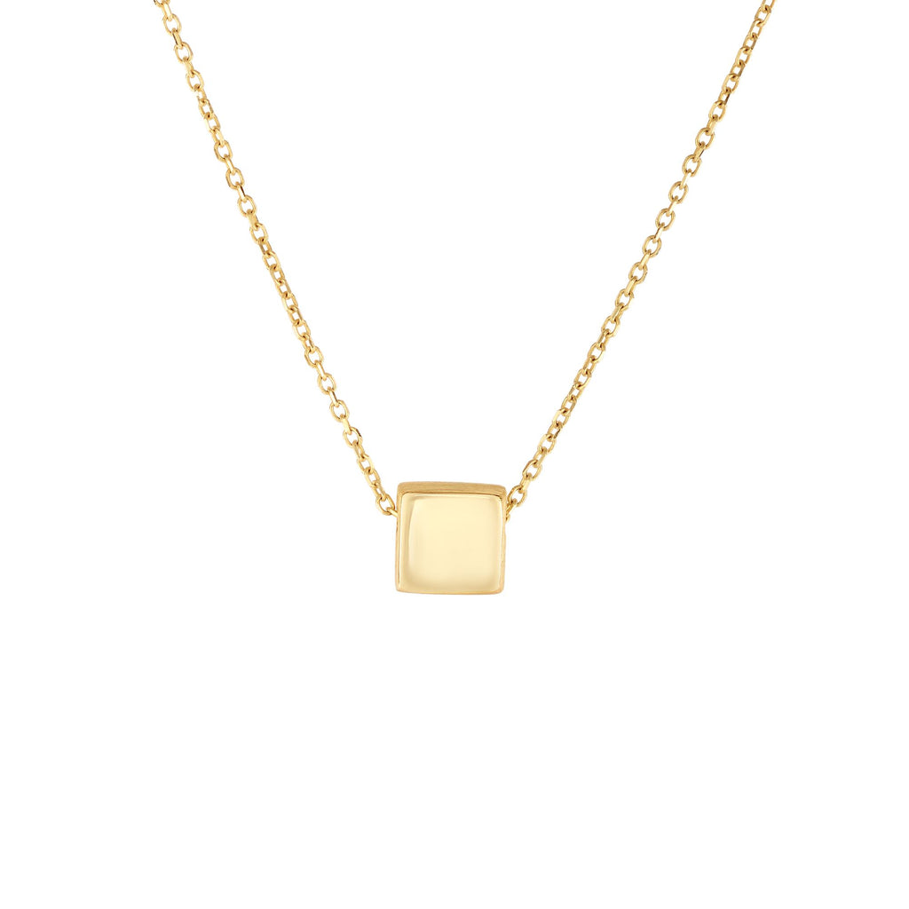 Square Shape Tube Shiny Satin Pendant Necklace Real 14K Yellow Gold