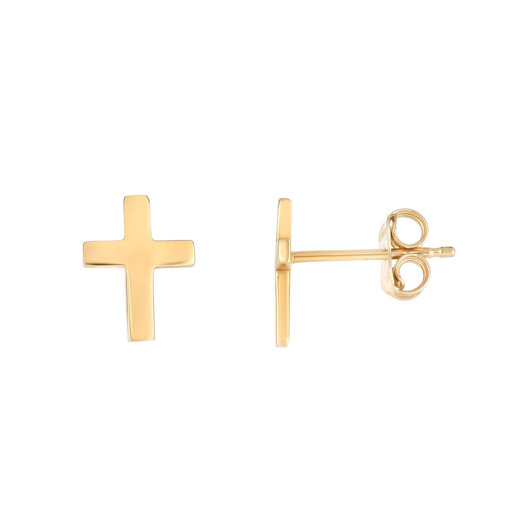 Flat Skinny Cross Stud Earrings Real 14K Yellow Gold - besenn