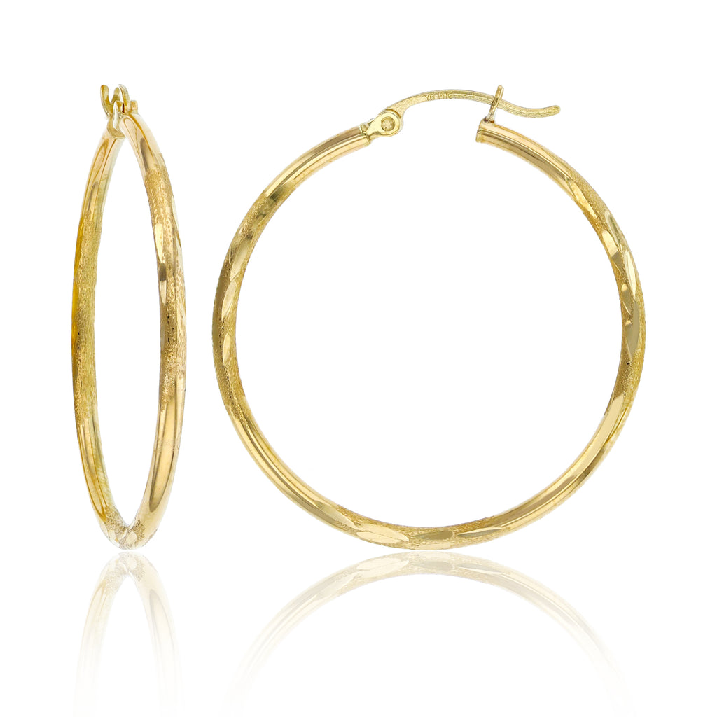 1 3/8" 2mm X 35mm Diamond Cut Shiny Hoop Earrings REAL 14K Yellow Gold - besenn