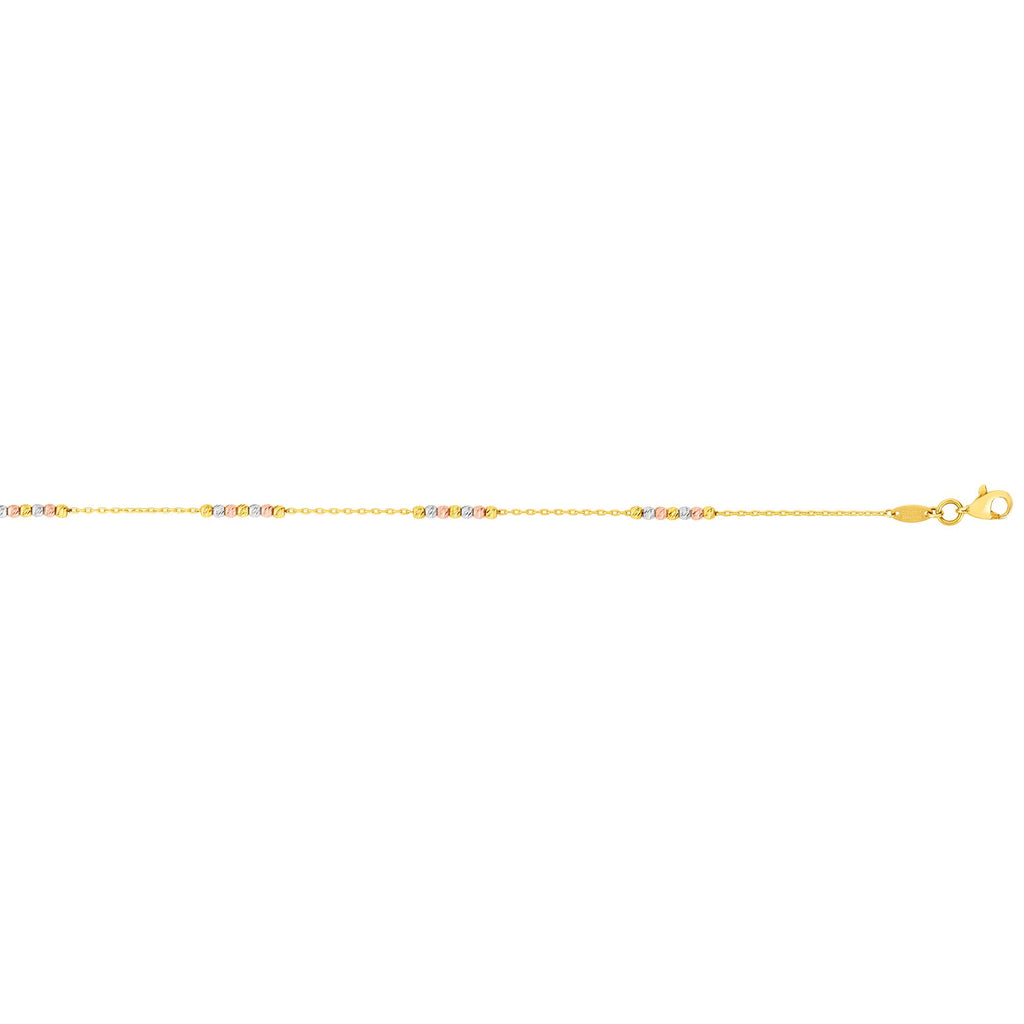 Diamond Cut Bead Ball Tricolor Station Anklet Real 14K Yellow Gold - besenn