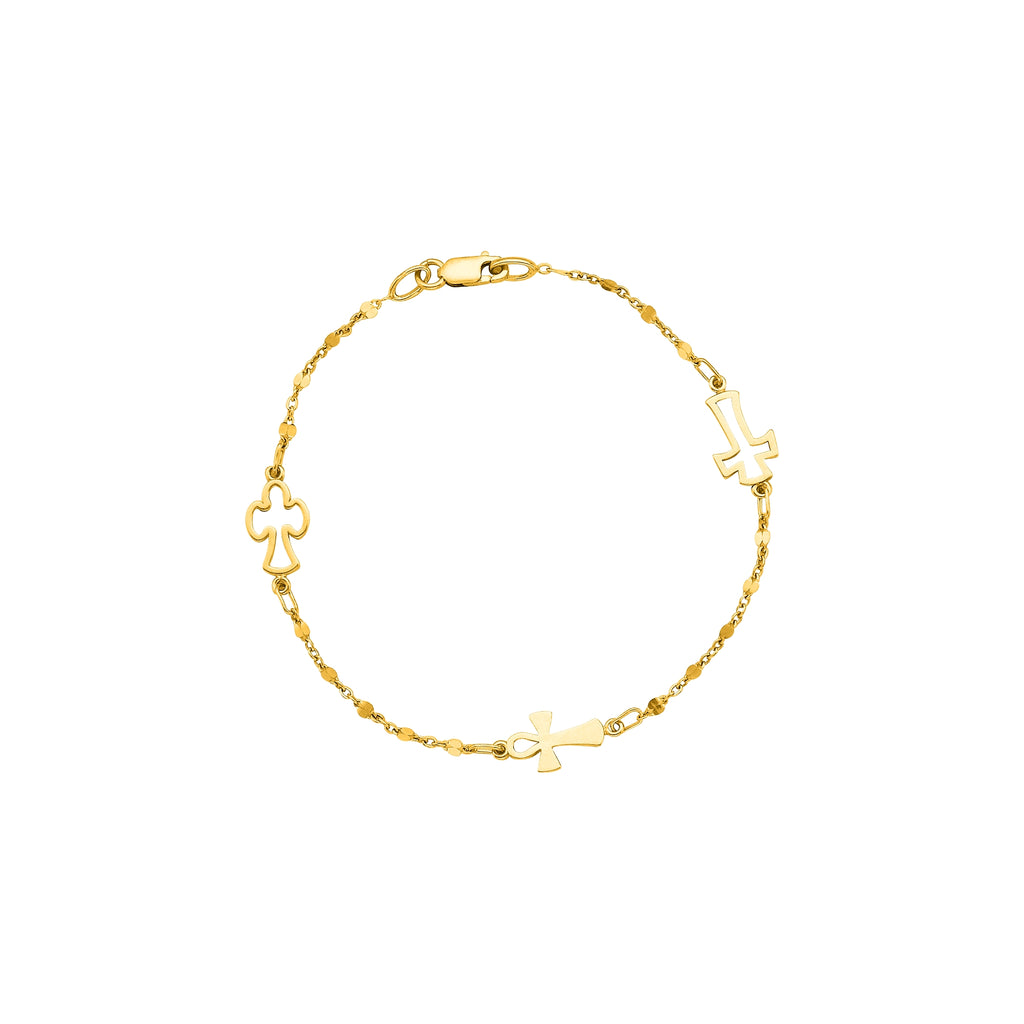 Multiple Cross Shiny Cable Chain Bracelet Real 14kt Yellow Gold - besenn