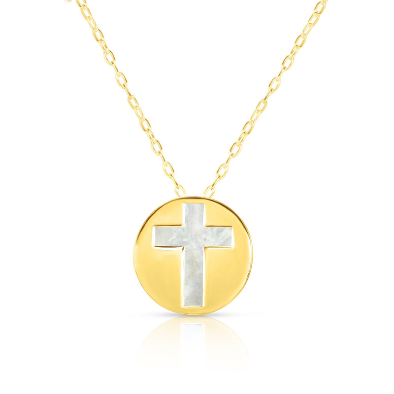 Cross Mother of Pearl Necklace Real 14K Yellow Gold - besenn