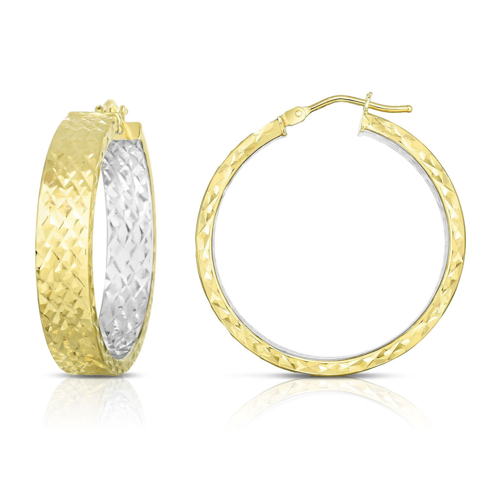 Inside Out Two Tone Diamond Cut Hoop Earrings Real 14K Yellow Gold - besenn