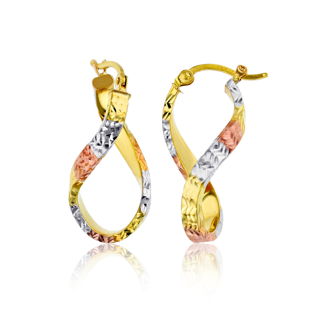 Diamond Cut Twisted Figure 8 Hoop Earrings Real 14k Tricolor Gold - besenn
