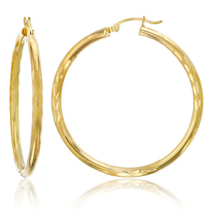 3mm X 45mm 1 3/4" Large Diamond Cut Round Hoop Earrings REAL 14K Yellow Gold - besenn