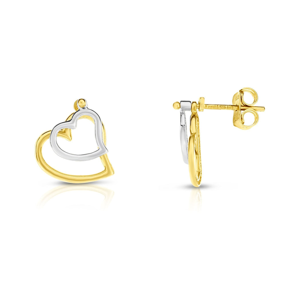 Shiny Two-Tone Double Heart Stud Earrings Real 14kt Yellow White Gold - besenn