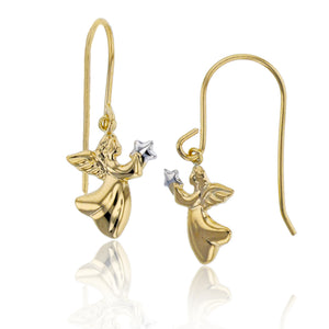 Italian High Polished Angel Holding Star Dangle Earrings Real 14K Yellow Gold 1" - besenn