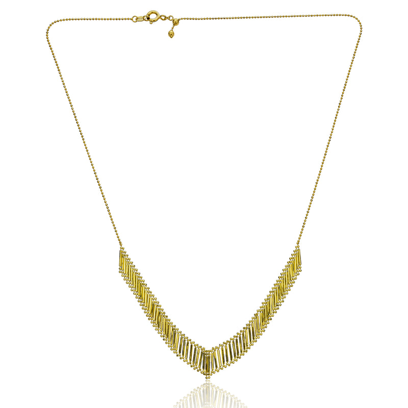 V-Shape Beaded Fancy Necklace Real 14k Yellow Gold - besenn
