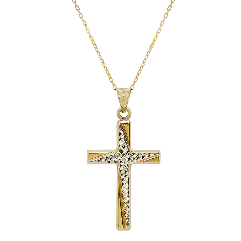 1 3/8" Diamond Cut Two-Tone Cross Necklace Real 14K Yellow Gold - besenn