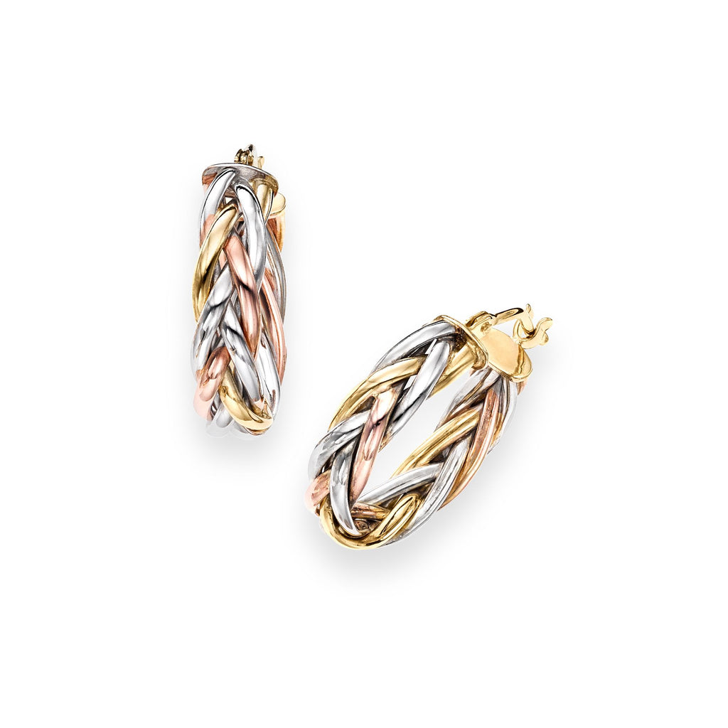 5/8" Wheat Spiga Tricolor Hoop Earrings Real 14K Tricolor Gold - besenn