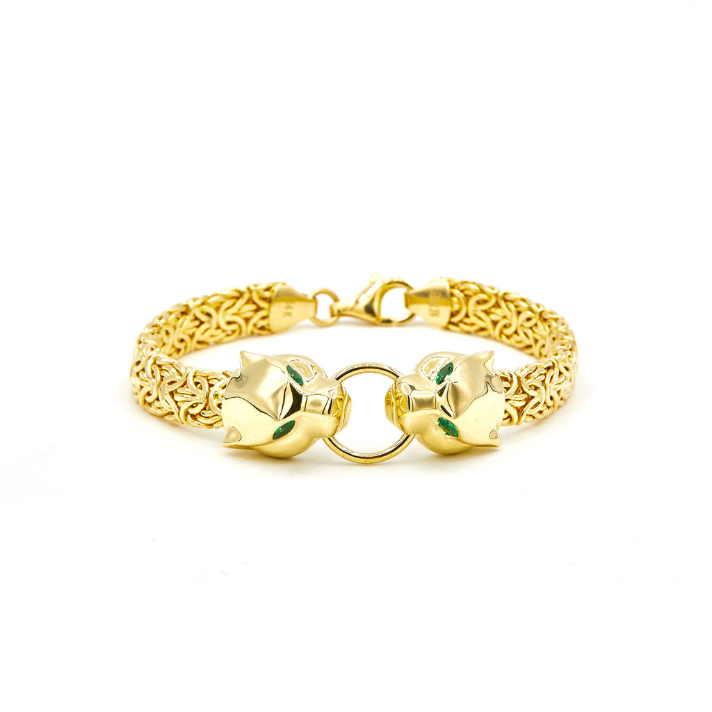 Plain Panther Head Byzantine Bracelet w/ Emerald Eyes Real 10K All Yellow Gold - besenn