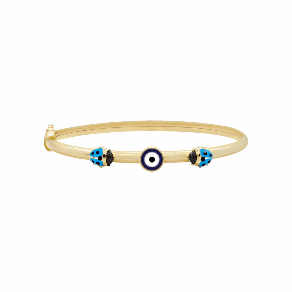 Child's Blue Evil Eye Ladybug Charm Bangle Real 14K Yellow Gold - besenn