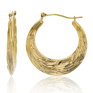 1" Leaf Design Textured Hoop Earrings Real 14K Yellow Gold - besenn