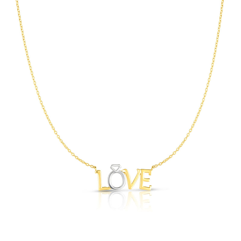 Fancy LOVE Necklace with Diamond Sign Real 14K Yellow Gold - besenn