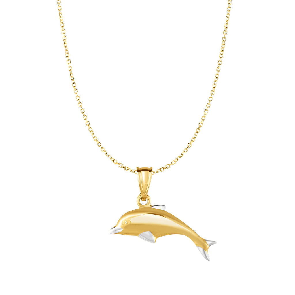 Dolphin Charm Two-Tone Necklace Real 10K Yellow Gold - besenn