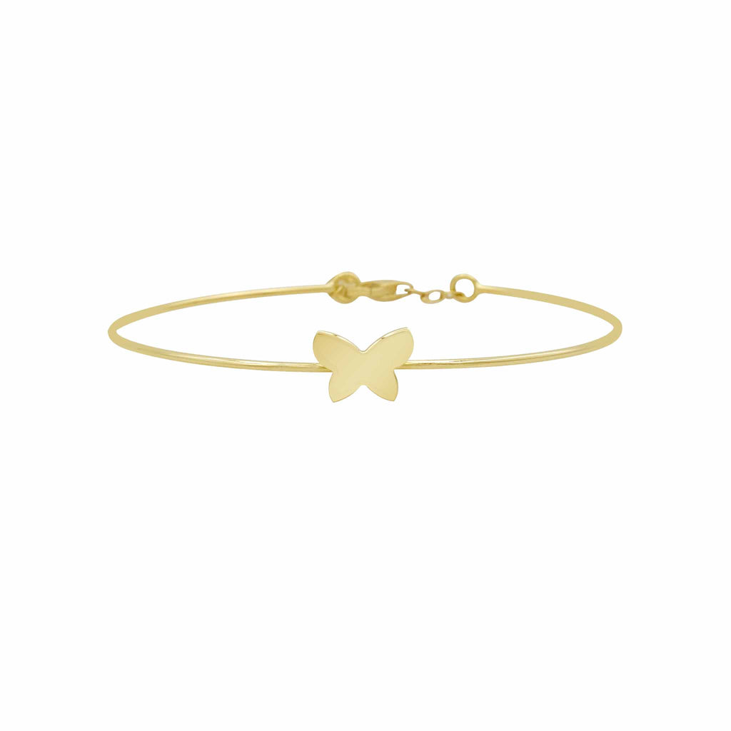 Butterfly Charm Bar Bangle Bracelet Real 14K Yellow Gold - besenn