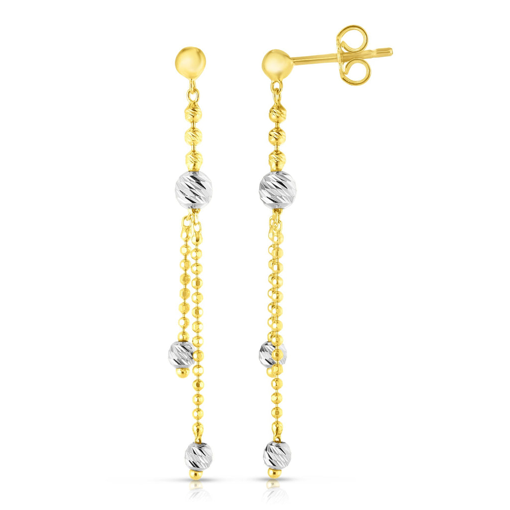 Diamond Cut Bead Ball Two-Tone Dangle Earrings Real 14K Yellow Gold - besenn