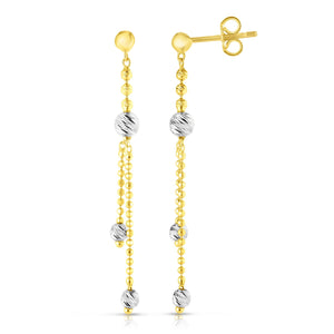 Diamond Cut Bead Ball Two-Tone Dangle Earrings Real 14K Yellow Gold - besenn