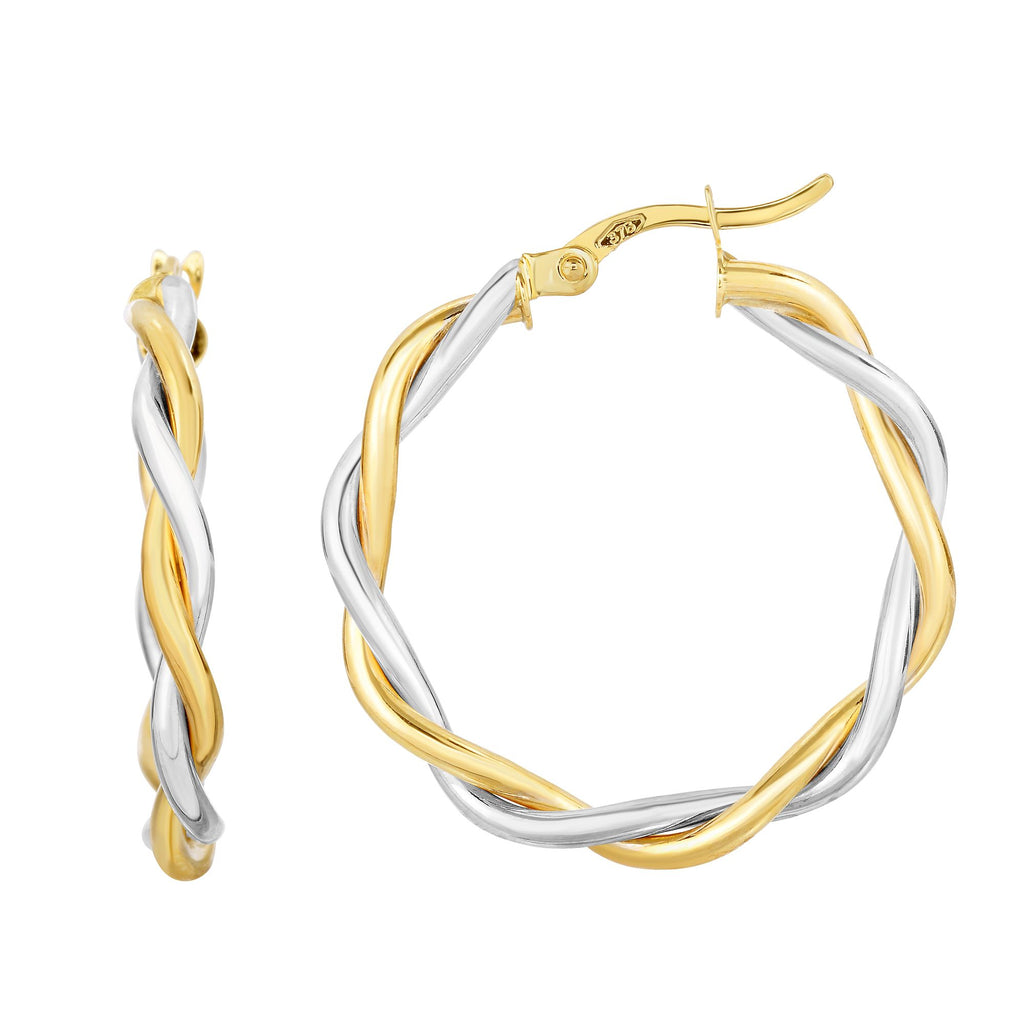 1" Two-Tone Double Wire Twisted Hoop Earrings Real 10K Yellow Gold - besenn